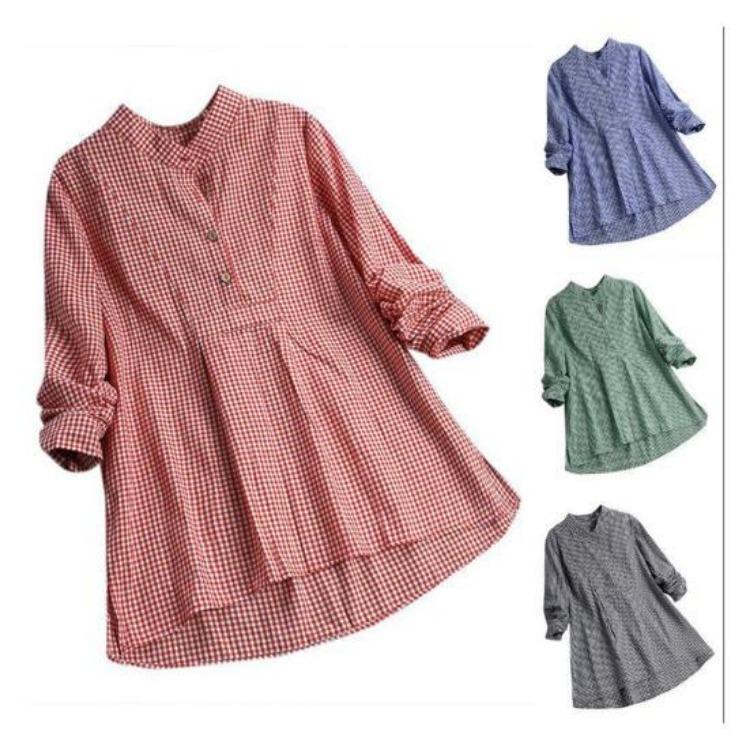 Plus Size Women Casual Loose Swing Blouse Plaid Tunic Tops Long Sleeve Button Up Lapel Pleated Flowy T Shirts
