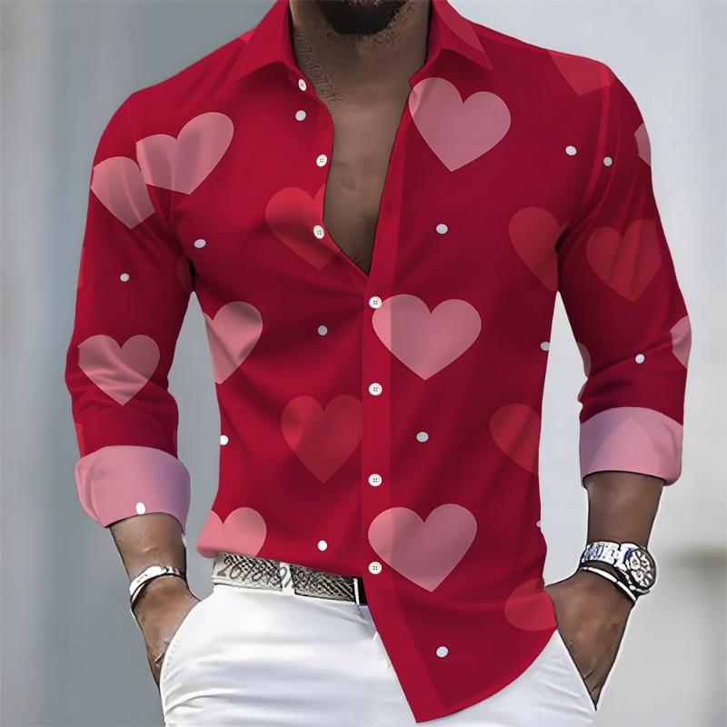 Men's Long-Sleeved Shirt with Heart Print Pattern, Stylish and Handsome, Festive Men's Lapel Top