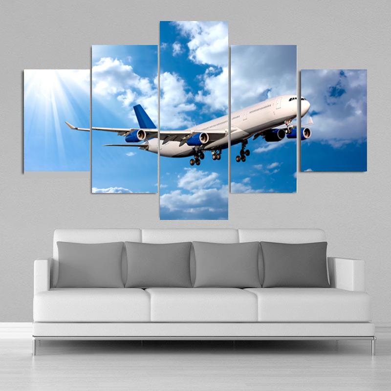 Modern 5 Pieces Airplane Poster Canvas Painting Landscape Sunset Backlight Lawn Wall Art Pictures for Living Room Decor No Frame