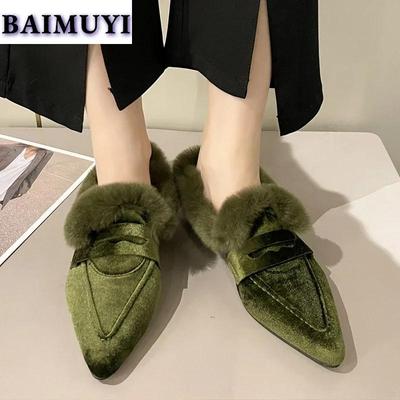 Sexy Pelz Spitzschuh Damen Slipper Schuhe Mittelhohe Absätze Stiefel 2025 Trend Chelsea Winter Warm Plüsch Veloursleder Büro Pumps Pelz Botas Mujer