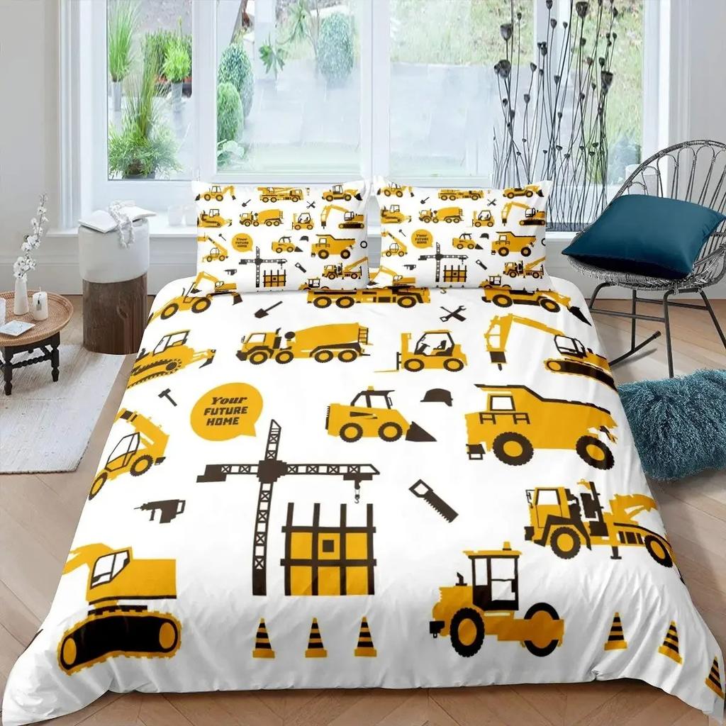 Construction Vehicles Boys Excavator Duvet Cover Yellow Tractor Truck Bedding Set For Teens Boys Old Retro Car Theme Room Decor