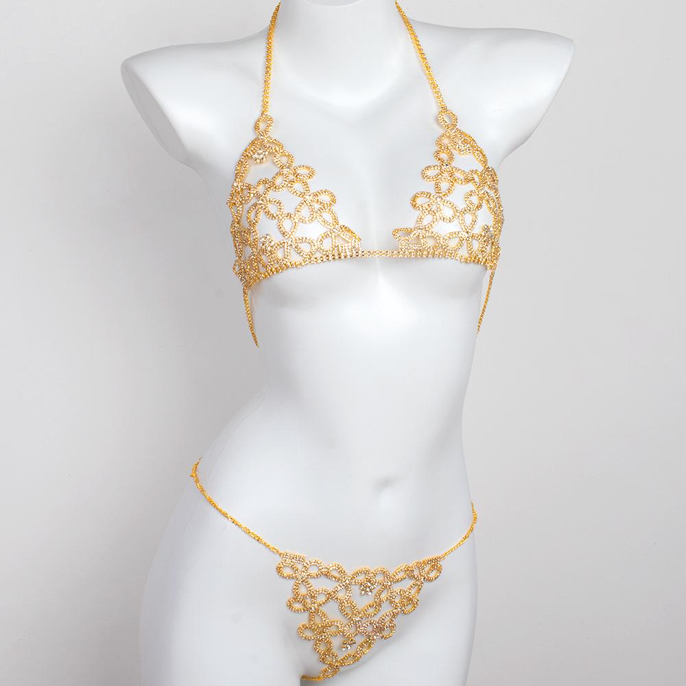 

European & American Rhinestone Flower Design Bra & Body Chain Set