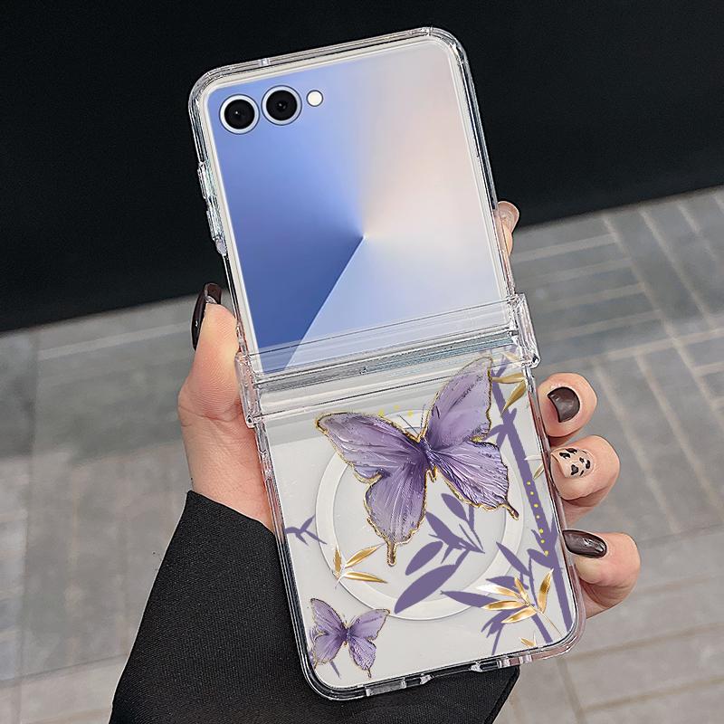 For Samsung Z Flip 7 6 5 4 Case Magnetic For Magsafe Blue and White Flowers Hinged Hard PC Folding Cover For Galaxy Z Flip7 Flip6 Flip5