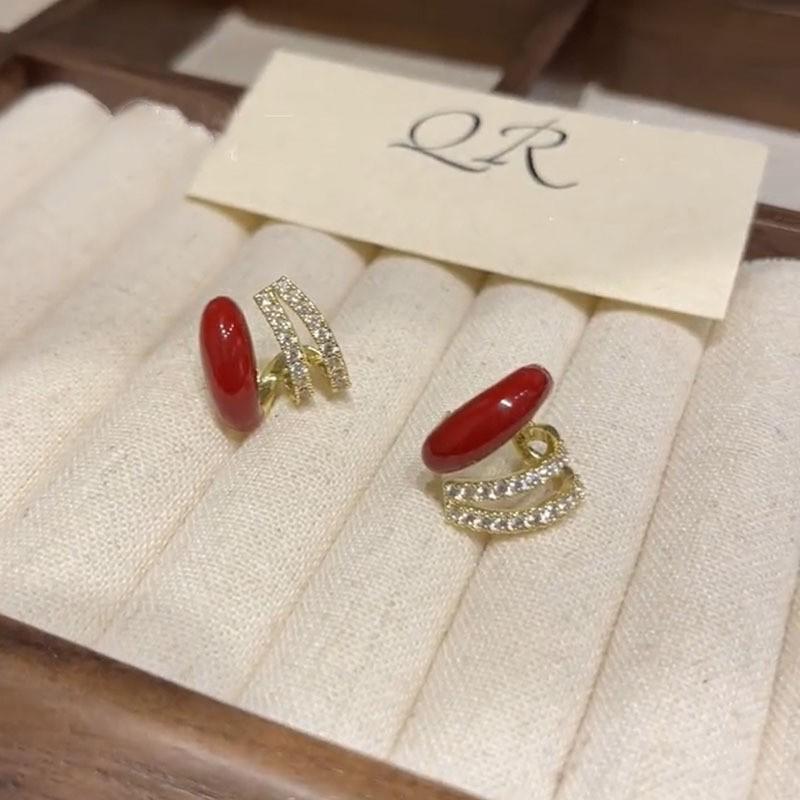 Elegant French Wine Red Zirconia C-shaped Earrings - Autumn/Winter Luxury Fashion Studs