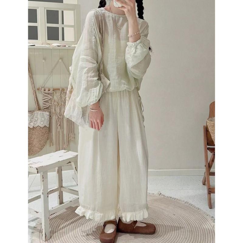 Johnature Lace Pants Loose Wide-Leg Pants For Women Summer Casual Simple Elastic Waist Nine-Part Pants