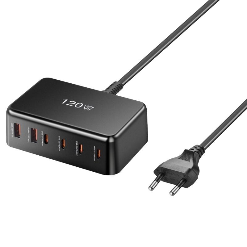 PD120W 4C2A Desktop Charger 4USB C 2USB A Port Fast Charging Hub Power Adapter for Multiple Devices ABS Housing