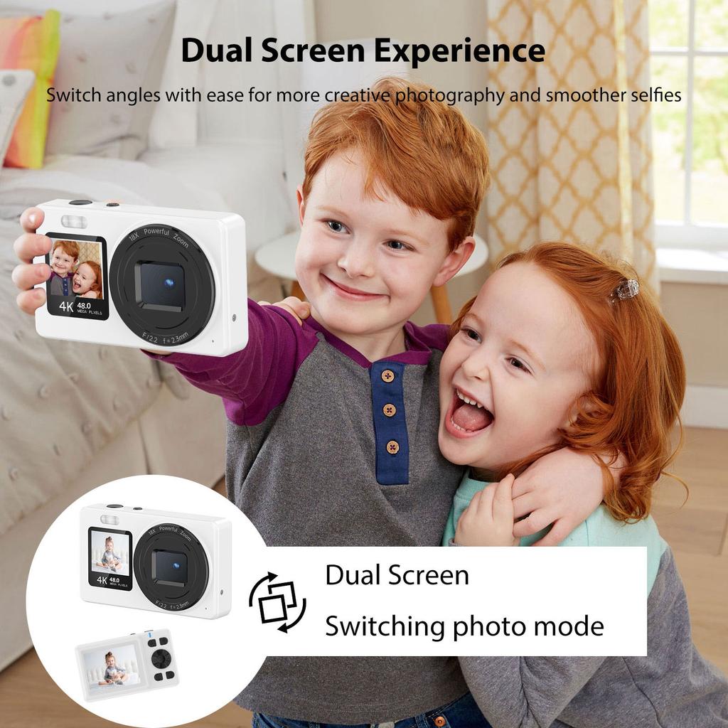 4K Dual Screen Digital Camera Automatic Focus 18X Zoom Portable 2.4 Inch Display for Students Teenagers Kids