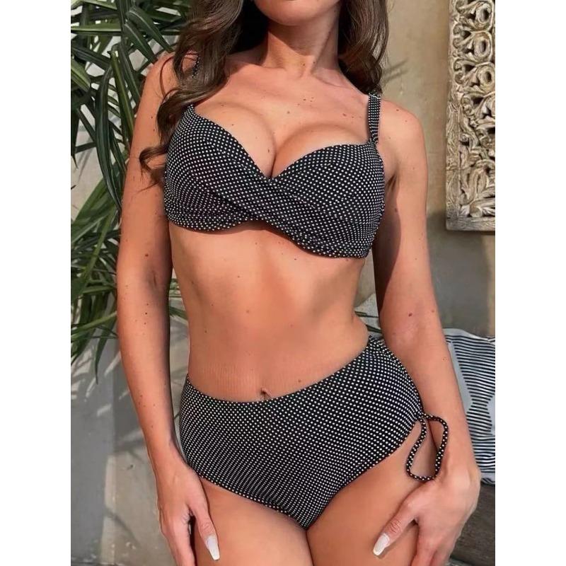 New bikini split swimsuit hard pack solid color high waist laces