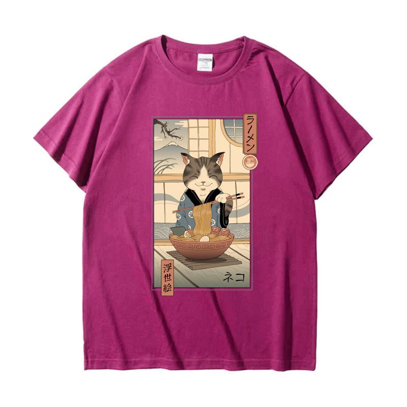 

220 GSM тяжелая футболка из 100% хлопка футболка Neko Ramen Ukiyo E с принтом Мужская повседневная футболка с круглым вырезом базовые мужские топы