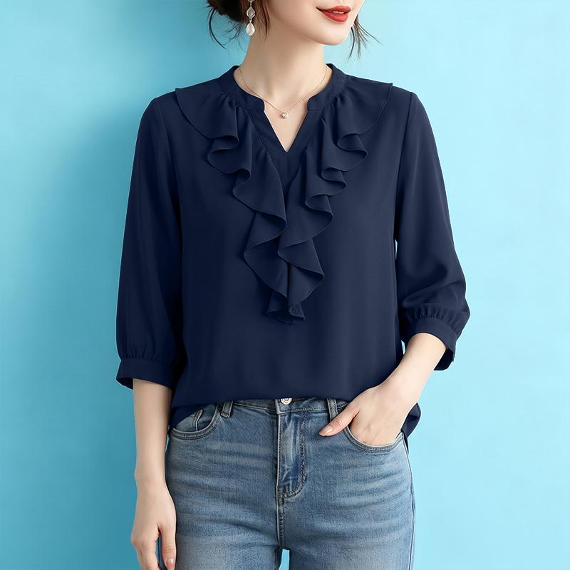 ZANZEA Women Ruffles V-Neck Solid Color Casual 3/4 Sleeve Blouse