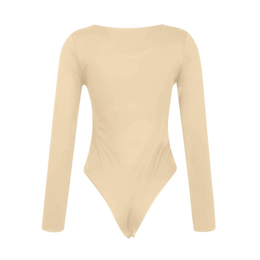 Women's Color Sexy Long Sleeve Racer Back Neck Sling Bodysuit Vest Jumpsuit