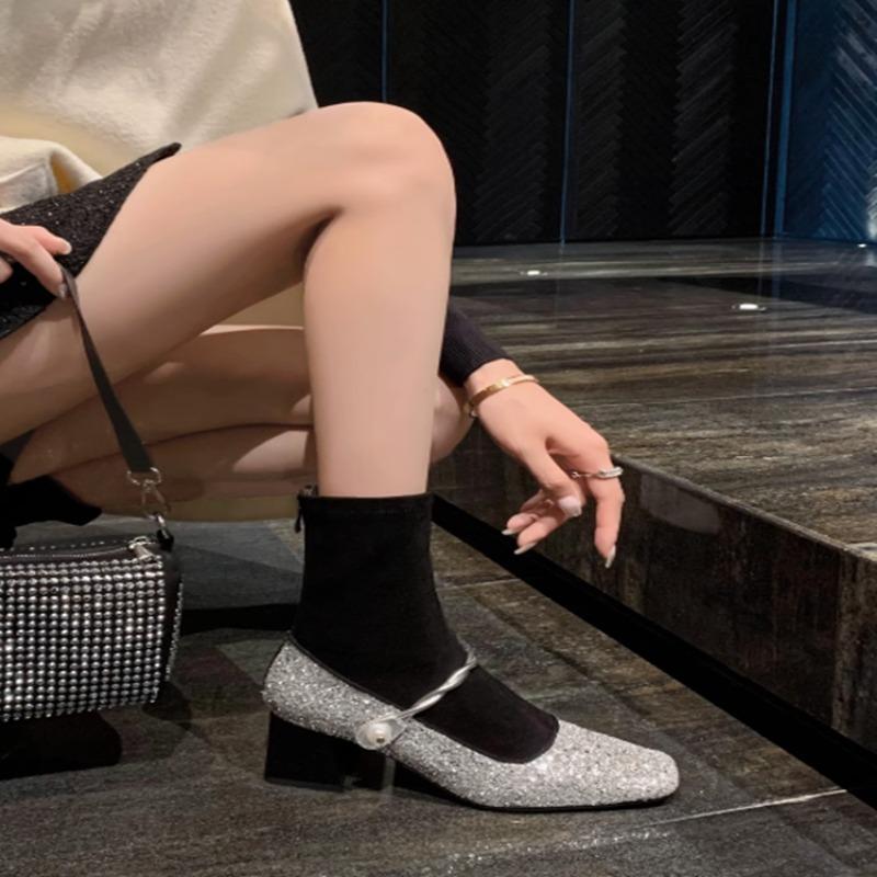 Fashion Women's Chunky Single Shoes Fall New Square Head Shallow Mouth Sequin Cloth One Line Buckle Soft Sole Non-slip Low Top Shoes