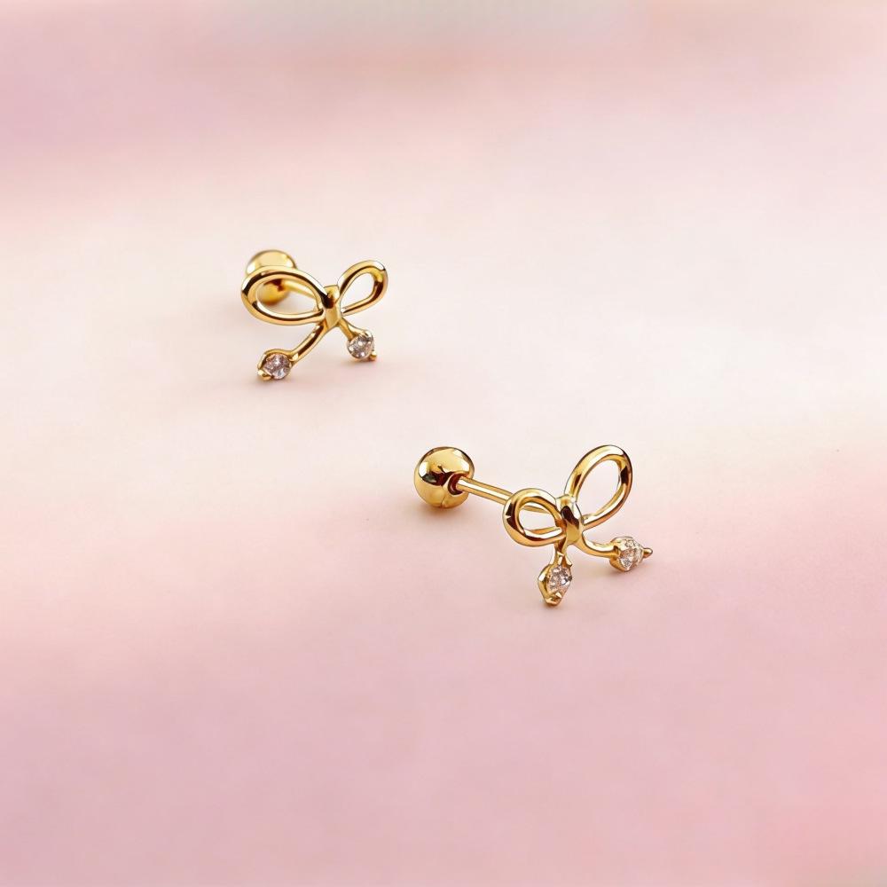 Korean Style Two-Tone Rhinestone Bow Stud Earrings for Women