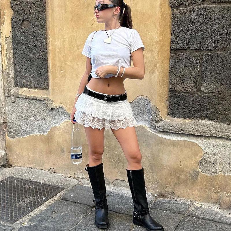 2024 Summer Street Style Low-Waist Lace Patchwork A-Line Mini Skirt for Women