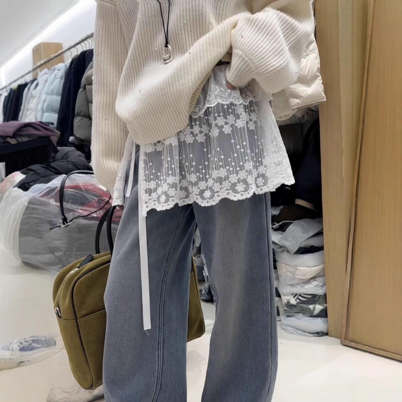 White Lace Denim Skirt with Bow Tie Straps One Size белый