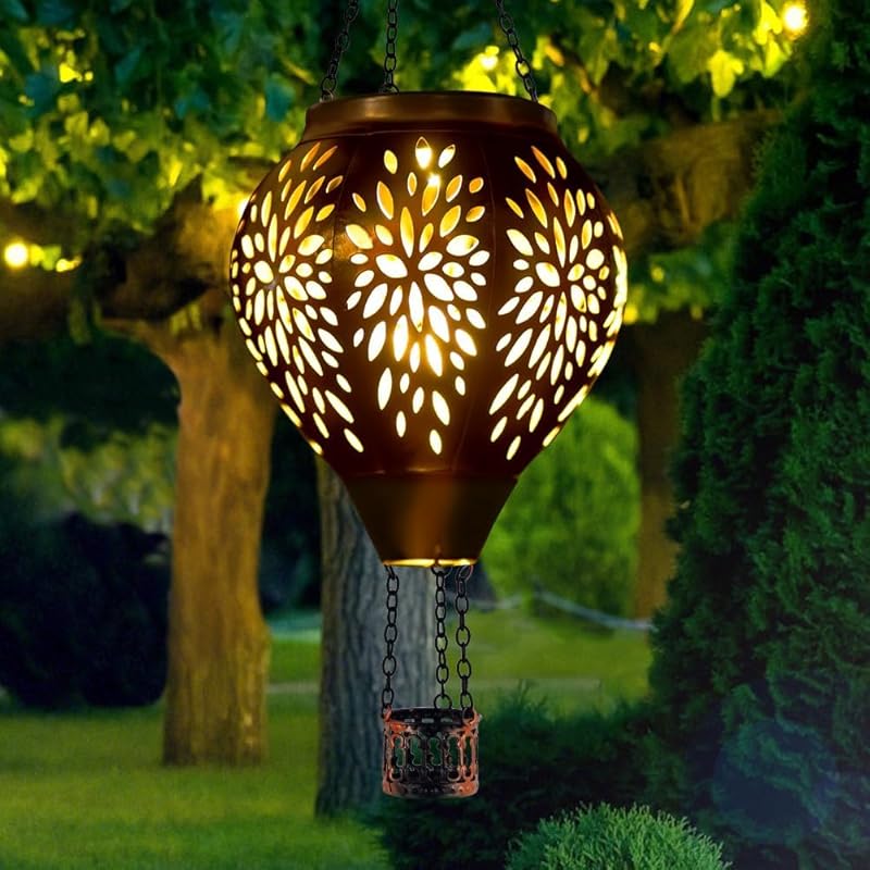 Hot Air Balloon Solar Lantern, Butterfly Solar Powered Hot Air Balloon Lantern Outdoor Waterproof, Glass Hanging Hot Air Balloon Solar Light for