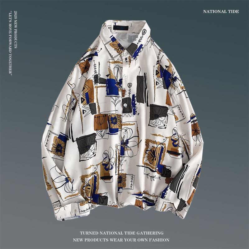 Camicia da Uomo Floreale Retro a Maniche Lunghe per la Primavera - Stile Coreano, Trendy, Versatile, Vestibilità Ampia, Top Stile Coppia Hong Kong.