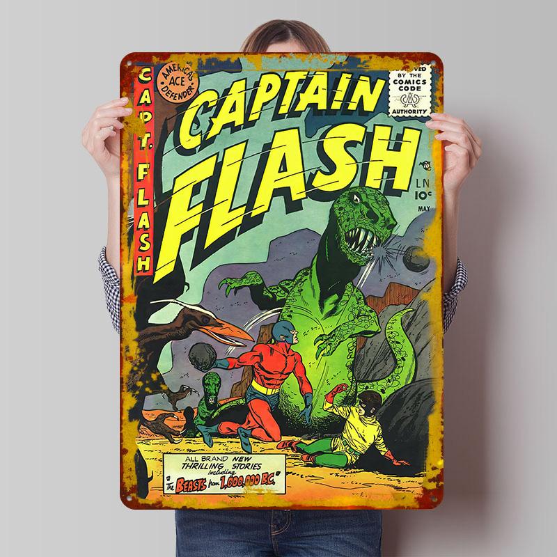 

Captain Flash Vintage Comic Book Cover Metal Poster Customized Wall Art Retro Vintage Tinplate Signs for Home Decor Items Room 20x30cm（7.8x11.8inch）