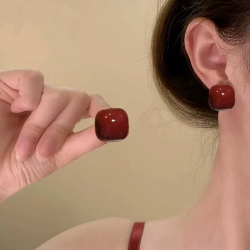 Red Ribbon Bow-knot Vintage Stud Earrings For Women Korean Fashion Autumn Winter Simple Bow Red Stud Earrings Geometric Earring