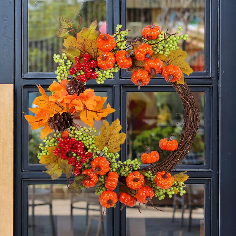 35cm Autumn Decorative Wreath, Harvest Festival Thanksgiving Festival Decor Garland, Front Door Hanging Wreath, Pumpkin Maple Leaf Artificial Flowers