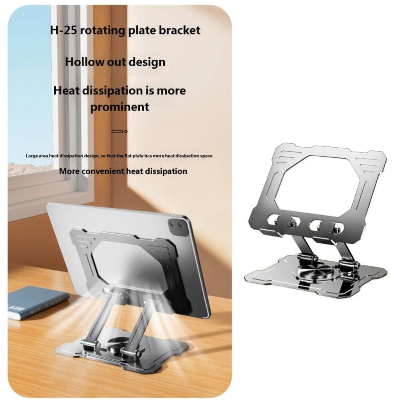 Foldable Carbon Steel Tablets Stand Adjustment Height 360Degree Rotating Base Ventilated Slip proof Optimaled Viewing