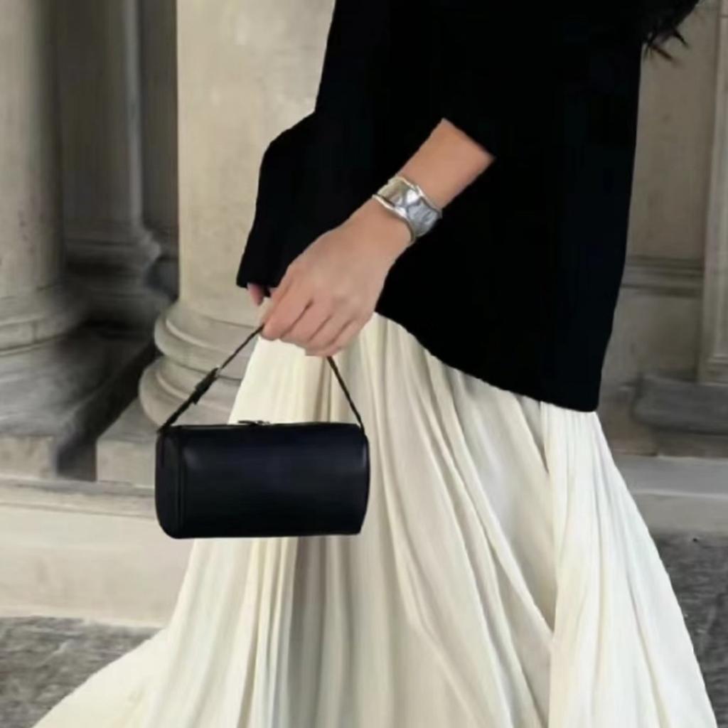 Fashi Mini Small Grained Calfskin Cowhide Handbag for Women Real Leather with Shoulder Strap Barrel-shaped Crossbody Purses