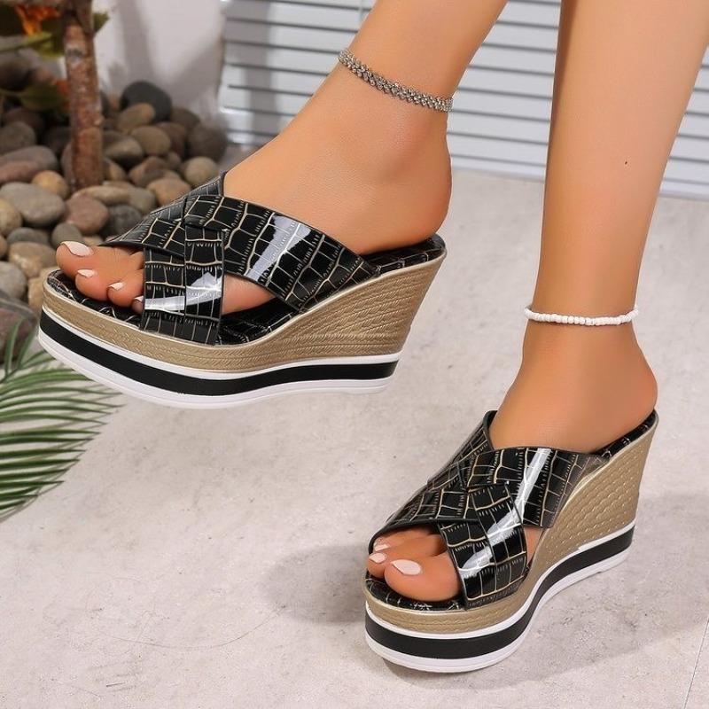 Fashion High Heel Slippers Summer New Round Head Open Toe Cross with Waterproof Platform Anti-slip Wear-resistant Wedge Heels