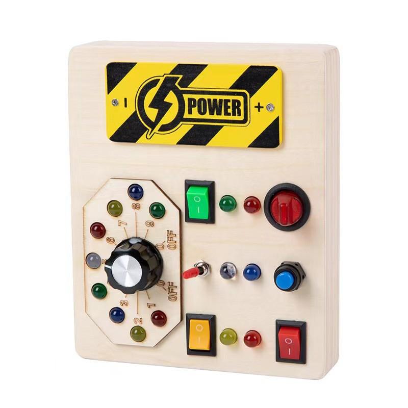 Wooden busy board circuit LED light simulation socket switch unlocking teaching aids life skills cognitive toys