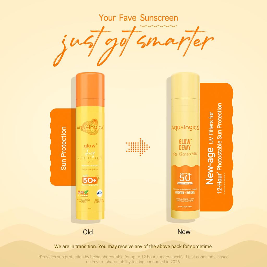 Aqualogica Glow+ Dewy Gel Sunscreen - 50 g | SPF 50+ PA++++ | In-Vivo Tested | New-age Filters | 12-Hour* Sun Protection | Tan Protection | For B