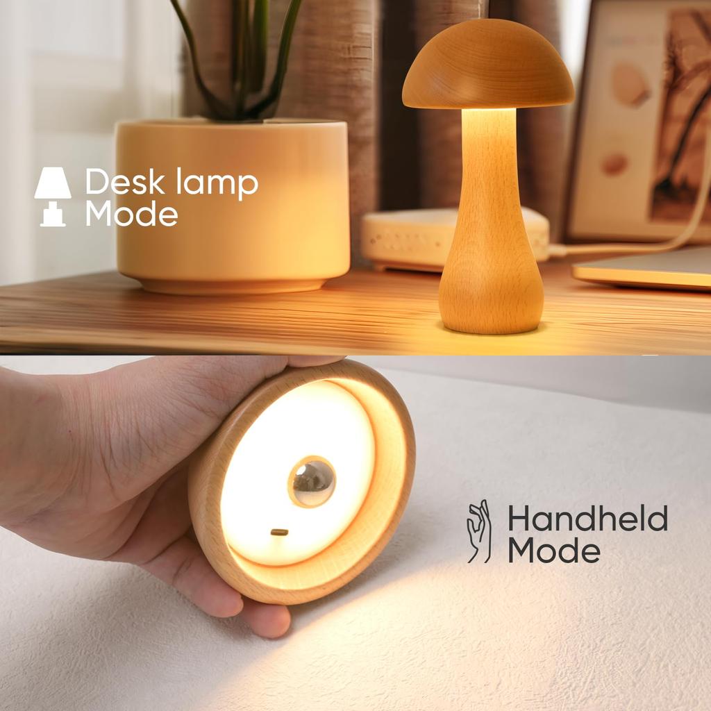 Portable Cordless Wooden Mushroom Lamp with Touch Switch, Small Size, Rechargeable, Stepless Dimming, 360-Degree Rotation, Perfect As a Birthday Gift