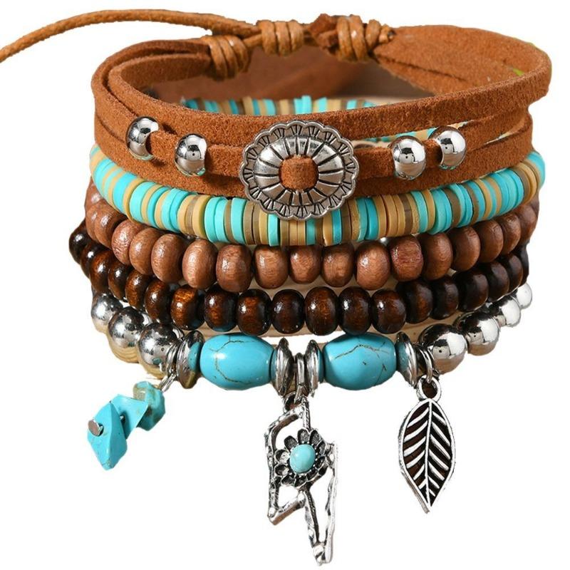 5-Piece Set of New Wood Bead Beaded Soft Pottery Turquoise, Velvet Men's and Women's Bracelets, Suitable for Daily Wear by Men and Women