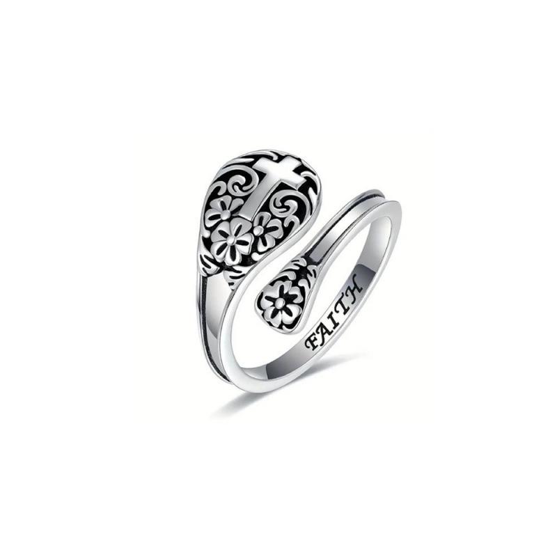 

European Retro Cross Adjustable Ring with 3D Embossed Flowers Open Adjustable платиновый