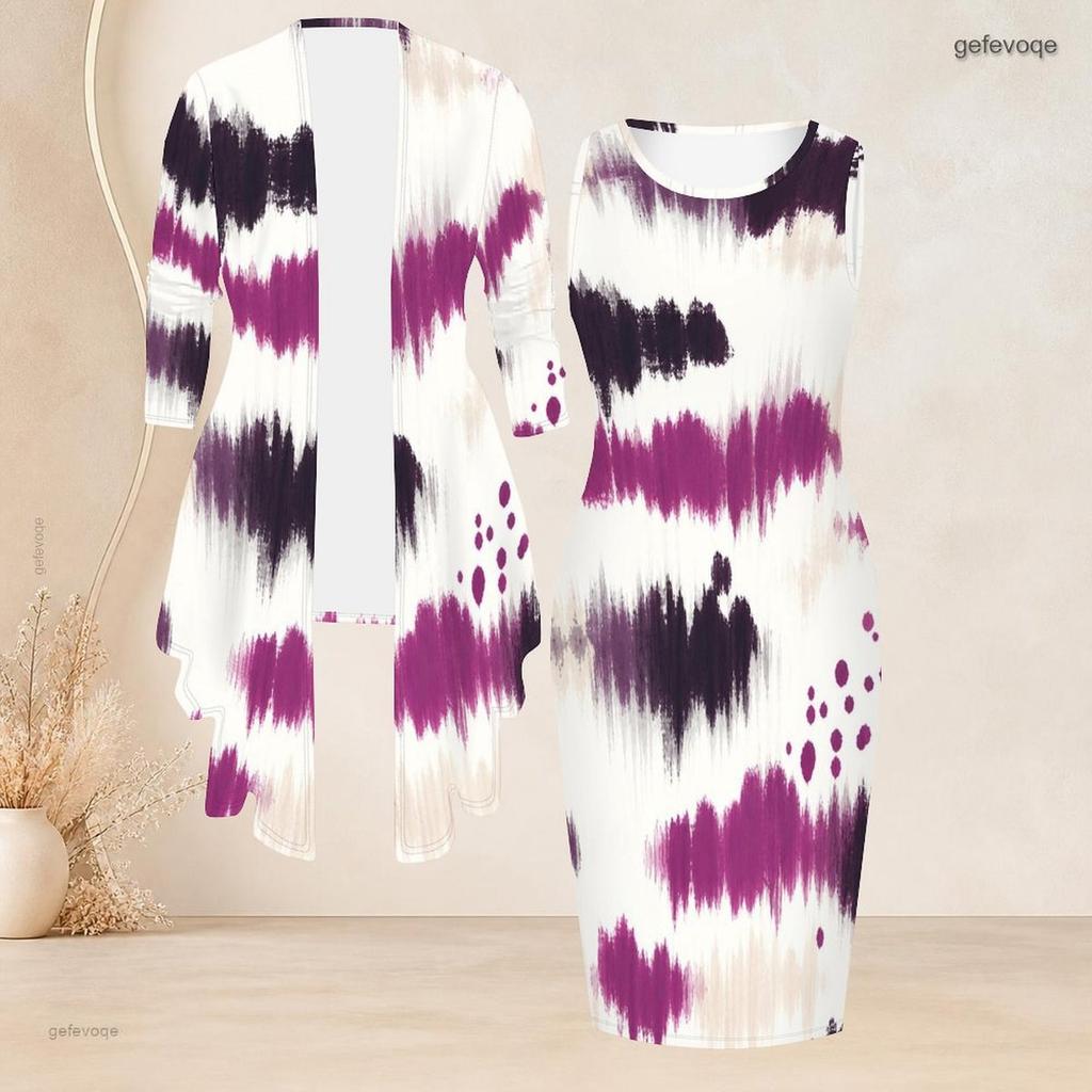 Women Plus Size Printed Two Piece Outfit Sleeveless Bodycon Dress Long Sleeve Draped Cardigan