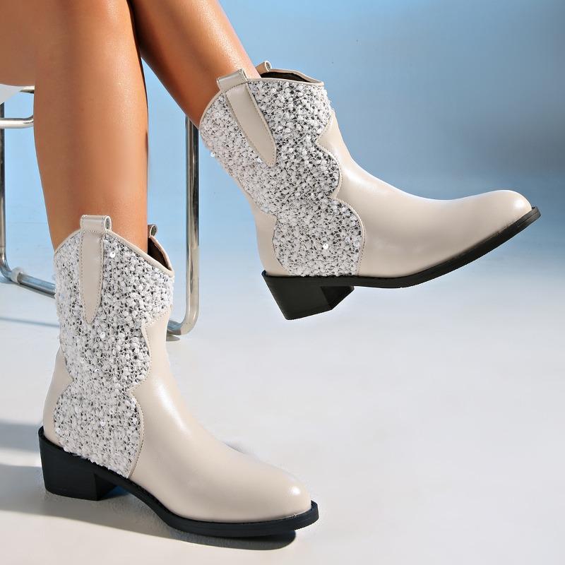 Women's Wide Width Glitter Leather Boots, Slip-On Comfort Martin Boots, Sparkly Casual Ankle Booties for Women