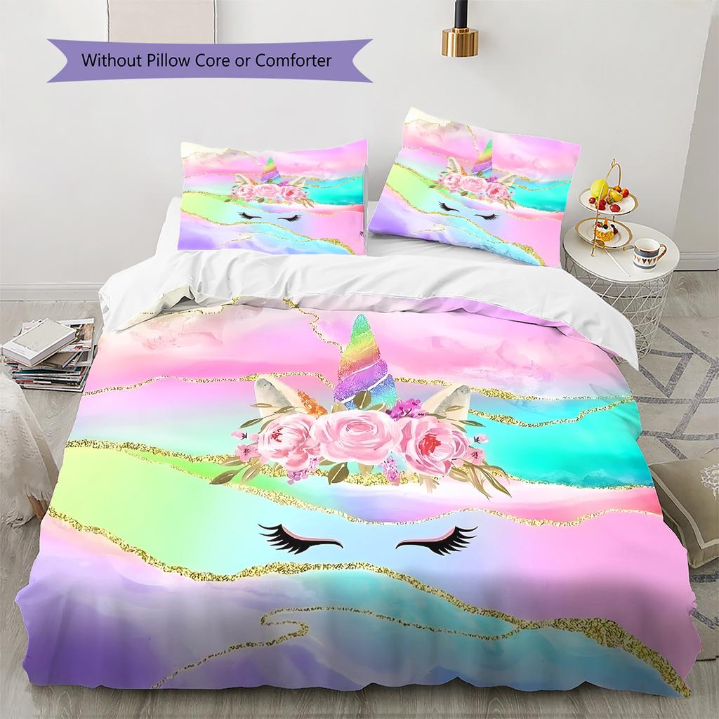 Colorful Uni-horse Pattern Bedding Quilt Set Quilt Cover Pillowcase Home Decoration Gift (1 * duvet cover + 2 * pillowcase, without core)