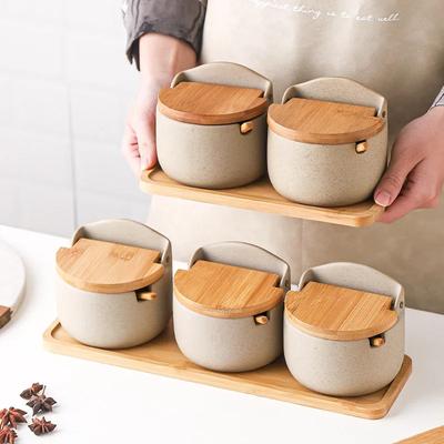 Kitchen Japanese Ceramic Bamboo Wood Lid Seasoning Jar Seasoning Boxes Seasoning Storage Jar Restaurant Home Salt Sugar Jar Set