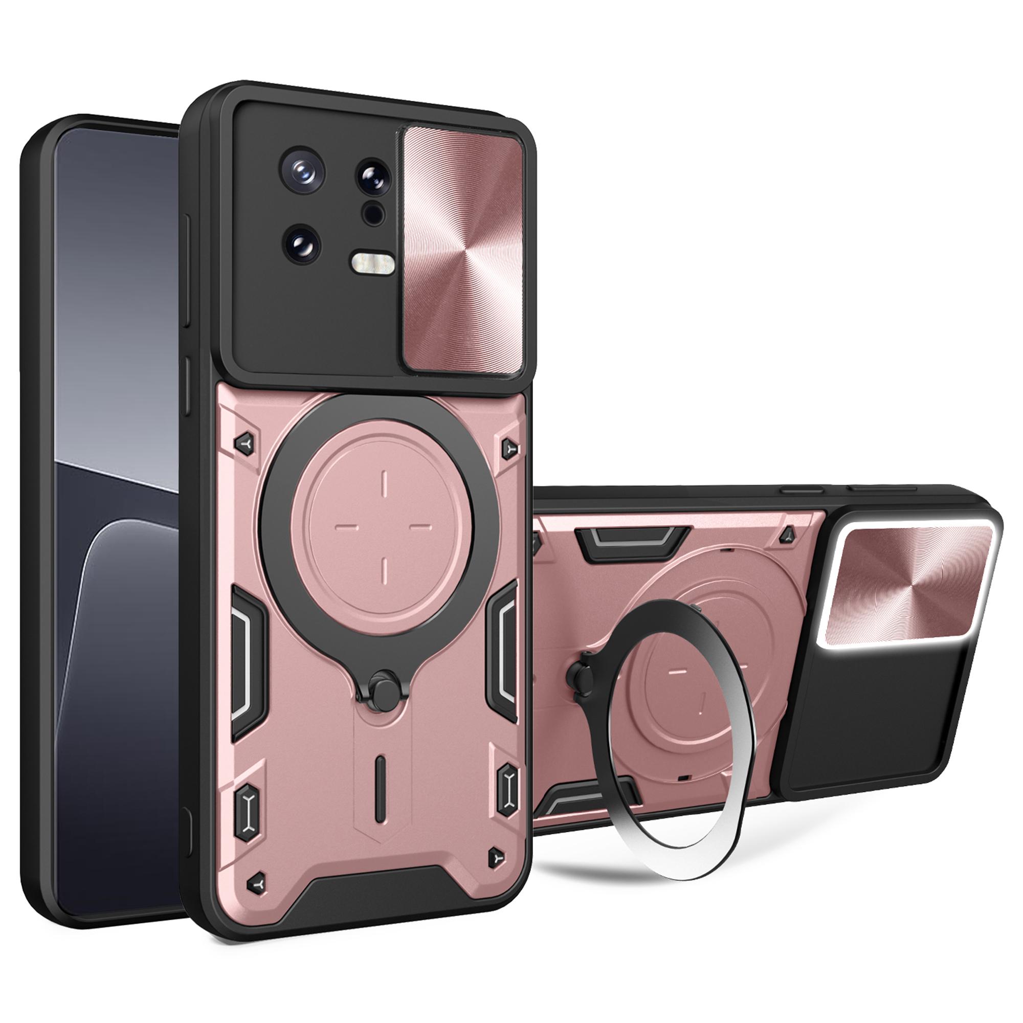 

For Xiaomi 13 Drop Resistant Cover with Slide Camera Lid Ring Kickstand PC+TPU Phone Case Pink