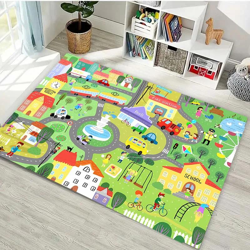 3D-Druck Kinderspielmatte Stadtverkehrskarte Großer Flächenteppich Teppich für Wohnzimmer Schlafzimmer Kinder Spielen Rutschfeste Bodendekormatte Geschenk