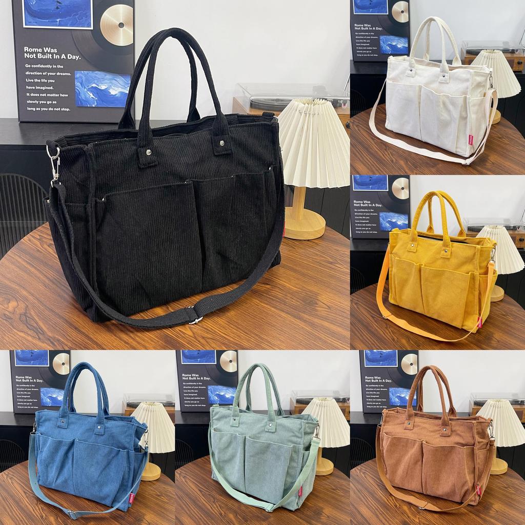 Corduroy Shoulder Tote Bag For Women Large Capacity With Zipper Closure For Daily Use