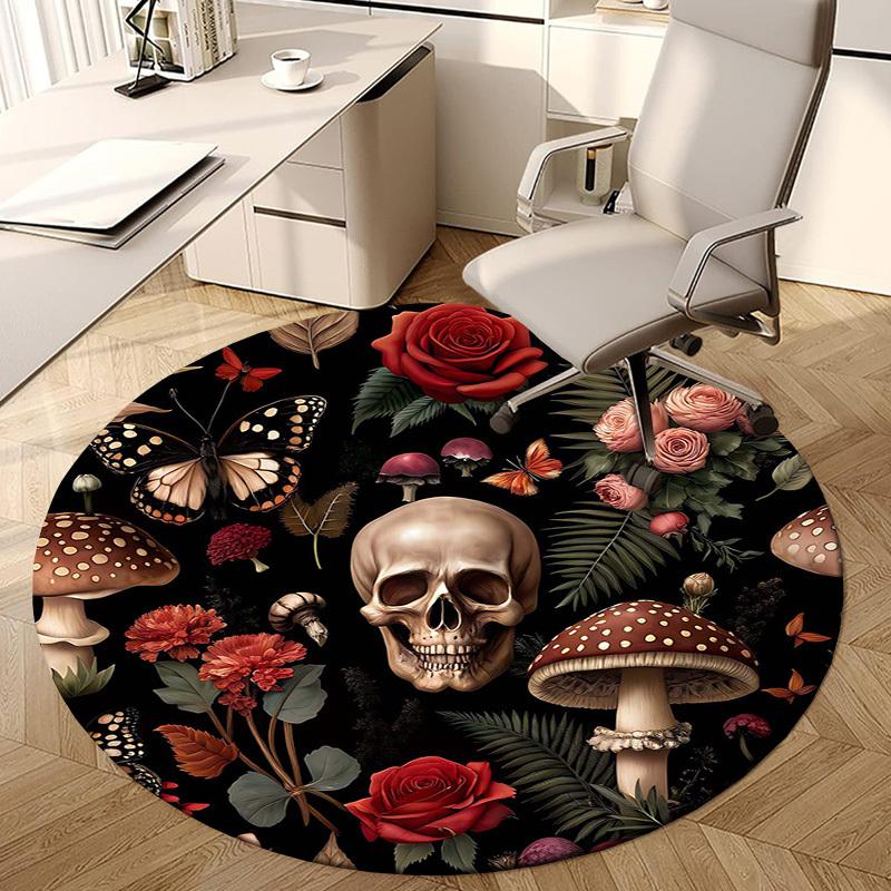 1PC Skull Flowers Non-Slip Floor Round Carpet, Office, Family, Bedroom, Large Area Rug Indoor Rugs,  Durable Polyester-L0352