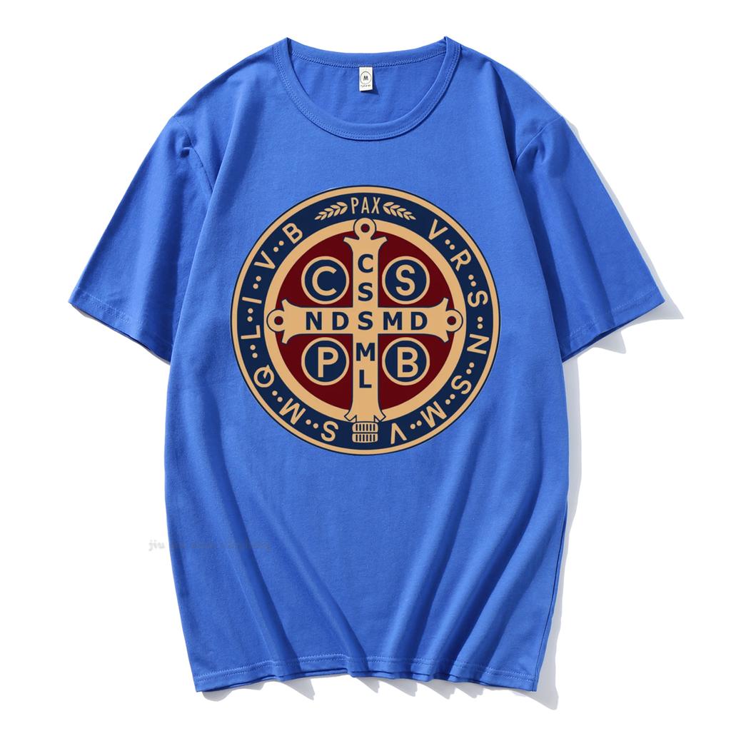 The Saint Benedict Medal Catholic Pullover T-Shirt Camisas Men Women Casual Printed Cotton T Shirt Vintage Harajuku  Oversized T