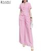 ZANZEA Women Short Sleeve Blouse and Pants Summer Stripe Print Two Piece Sets