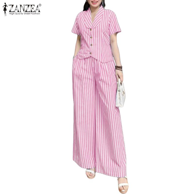 ZANZEA Women Short Sleeve Blouse and Pants Summer Stripe Print Two Piece Sets