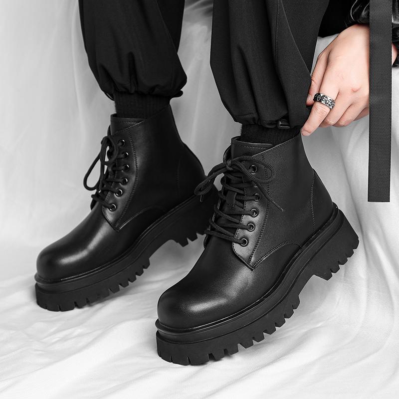 Fashion Mens Casual Original Leather Boots Lace-up Platform Shoes Party Punk Dress Cowboy Ankle Boot Spring Autumn Cool Short Botas Male