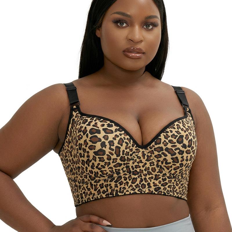 European Plus Size Leopard Print Adjustable Tank Style Full Cup Bra for Women