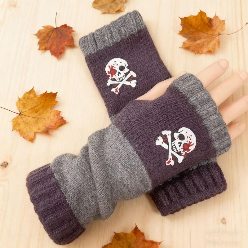 Gants en tricot sans doigts avec broderie de chat et patchwork, Gants décontractés ouverts aux doigts tendance pour femme, Mitaines chaudes d'hiver sans doigts