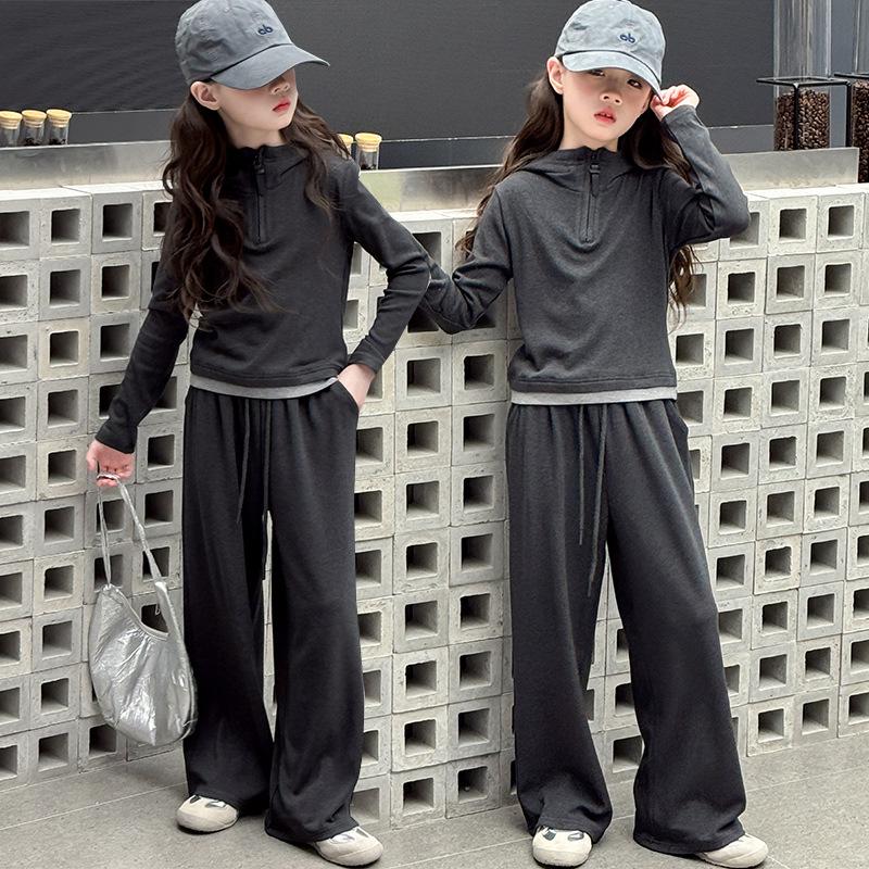 

Girls 2025 Spring & Fall Two-Piece Straight-Leg Pants Set 170 cm серый