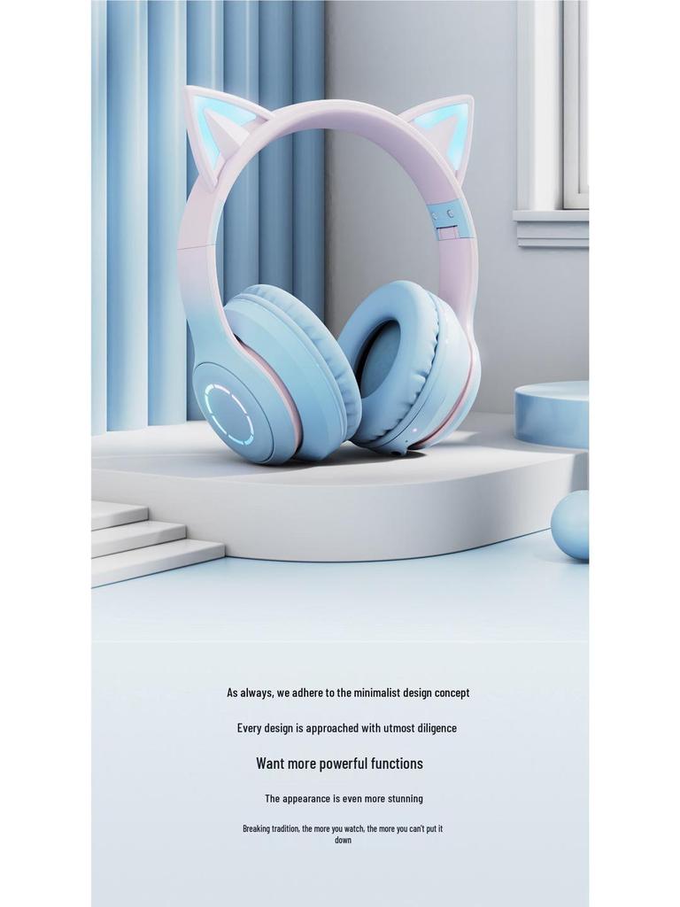 2025 New Cute Wireless Over-Ear Cat Ear Headphones with Mic, Noise Cancelling for Children's Gaming - Girls' Style