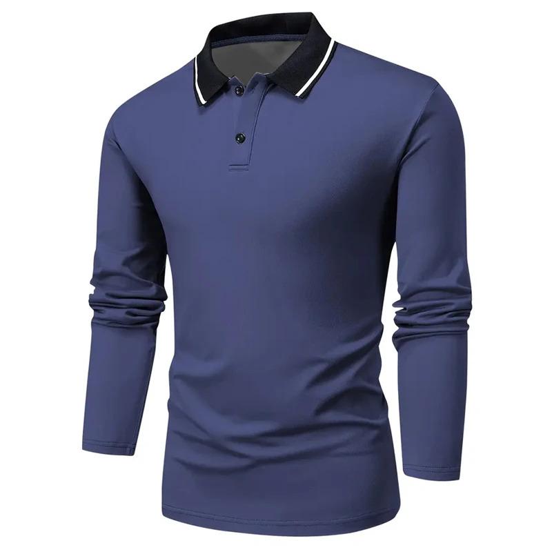 Ny 100% Polyester Herre Business Casual Langermet Poloskjorte Herre Ensfarget Enkel Stil Topper Poloskjorte Herre Klær Golfpolo