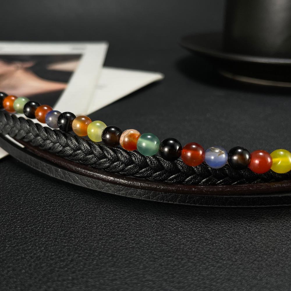 European and American Natural Agate Beaded Leather Bracelet for Men